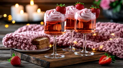 Three Strawberry Mousse Cocktails on a Wooden Tray