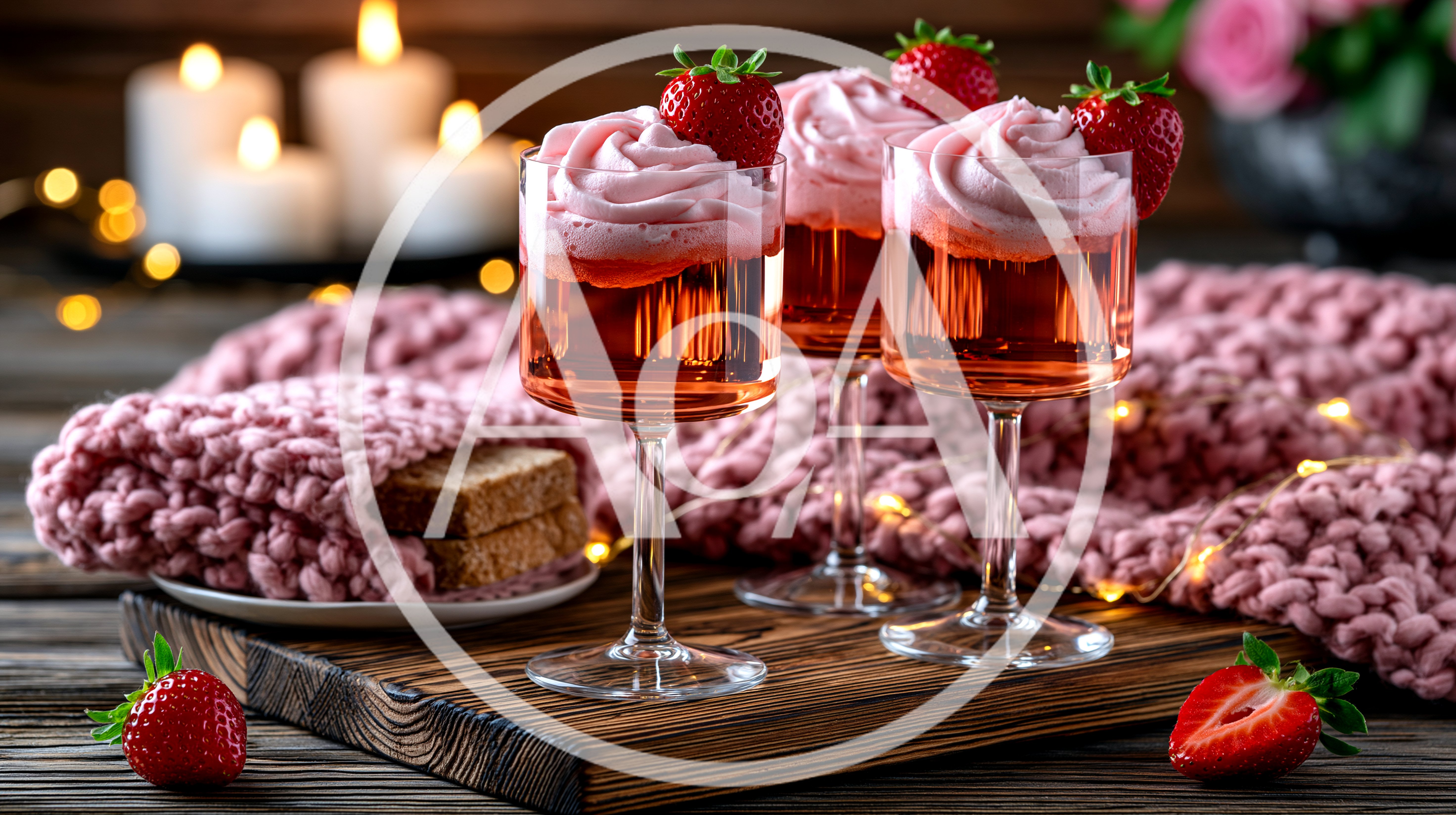Three Strawberry Mousse Cocktails on a Wooden Tray