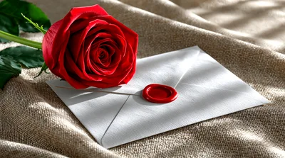 Red Rose And Sealed Envelope On Burlap Fabric