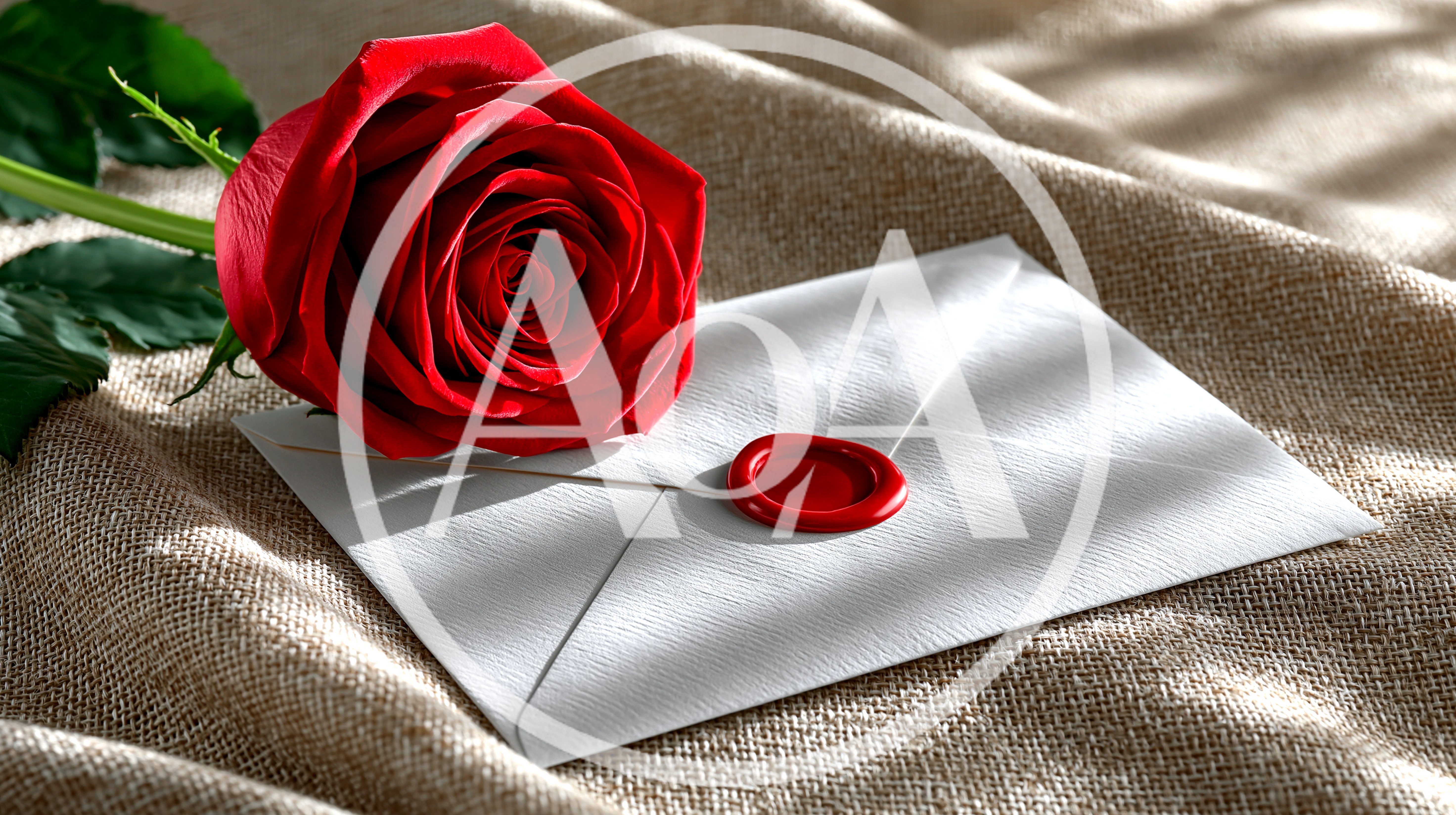 Red Rose And Sealed Envelope On Burlap Fabric