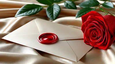 Red Rose Beside A Sealed Envelope On Satin Fabric