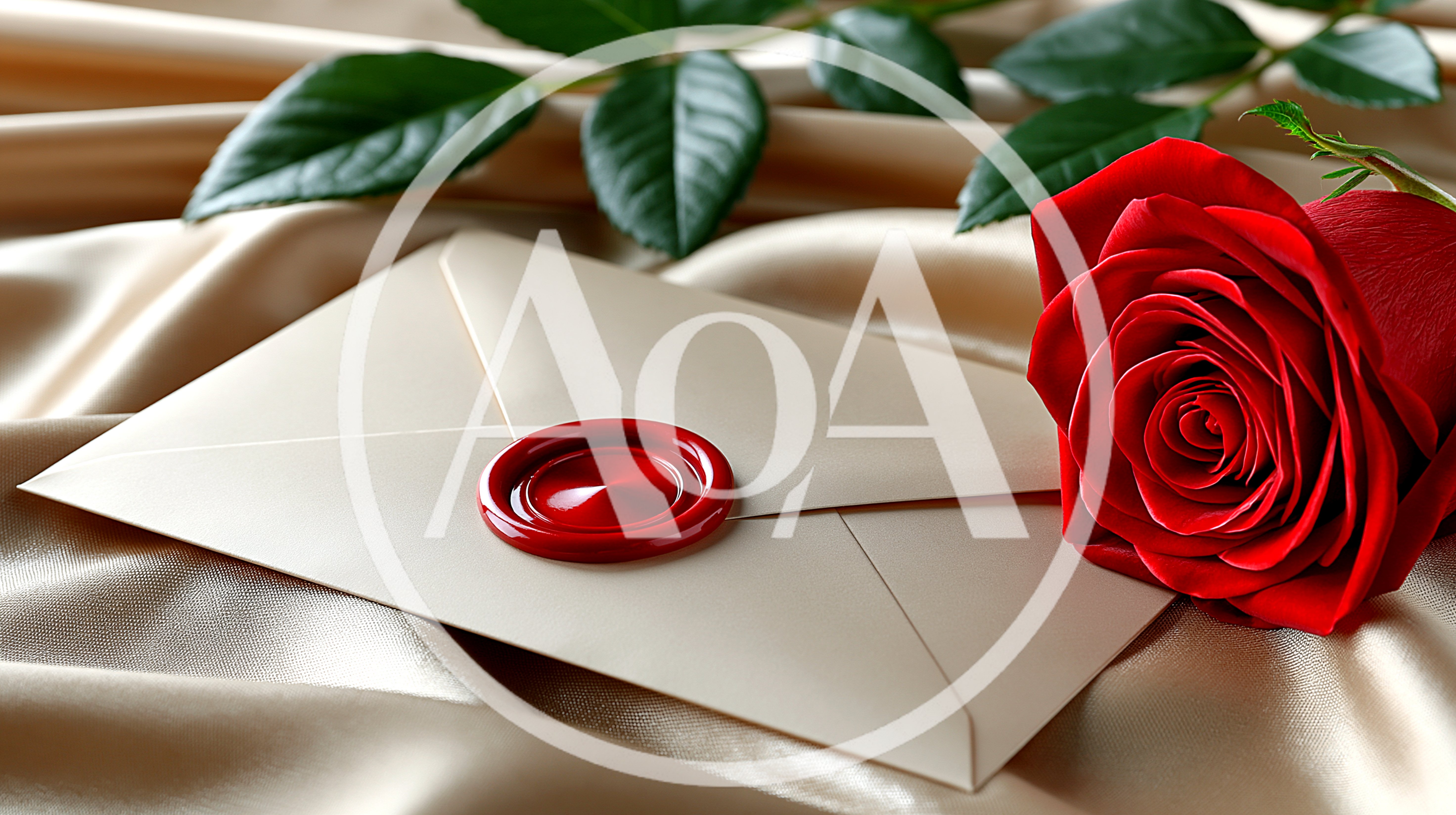 Red Rose Beside A Sealed Envelope On Satin Fabric