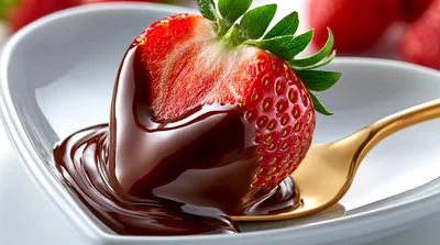 Fresh Strawberry Dipped In Melted Chocolate On Gold Spoon