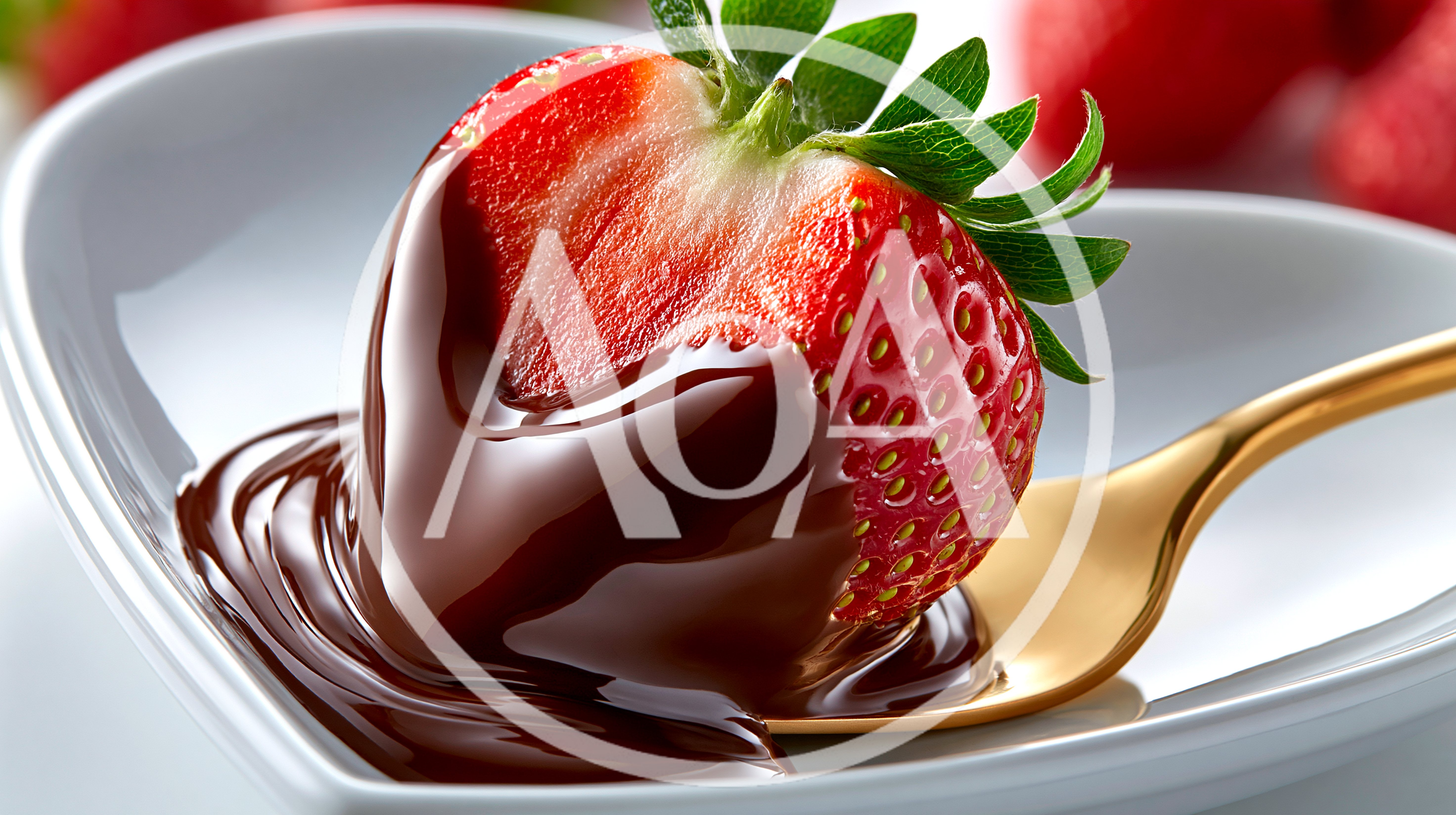 Fresh Strawberry Dipped In Melted Chocolate On Gold Spoon