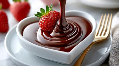 Chocolate Sauce Pouring Into Heart Shaped Bowl