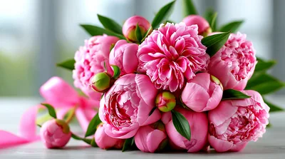 Beautiful Bouquet Of Pink Peonies With Ribbon