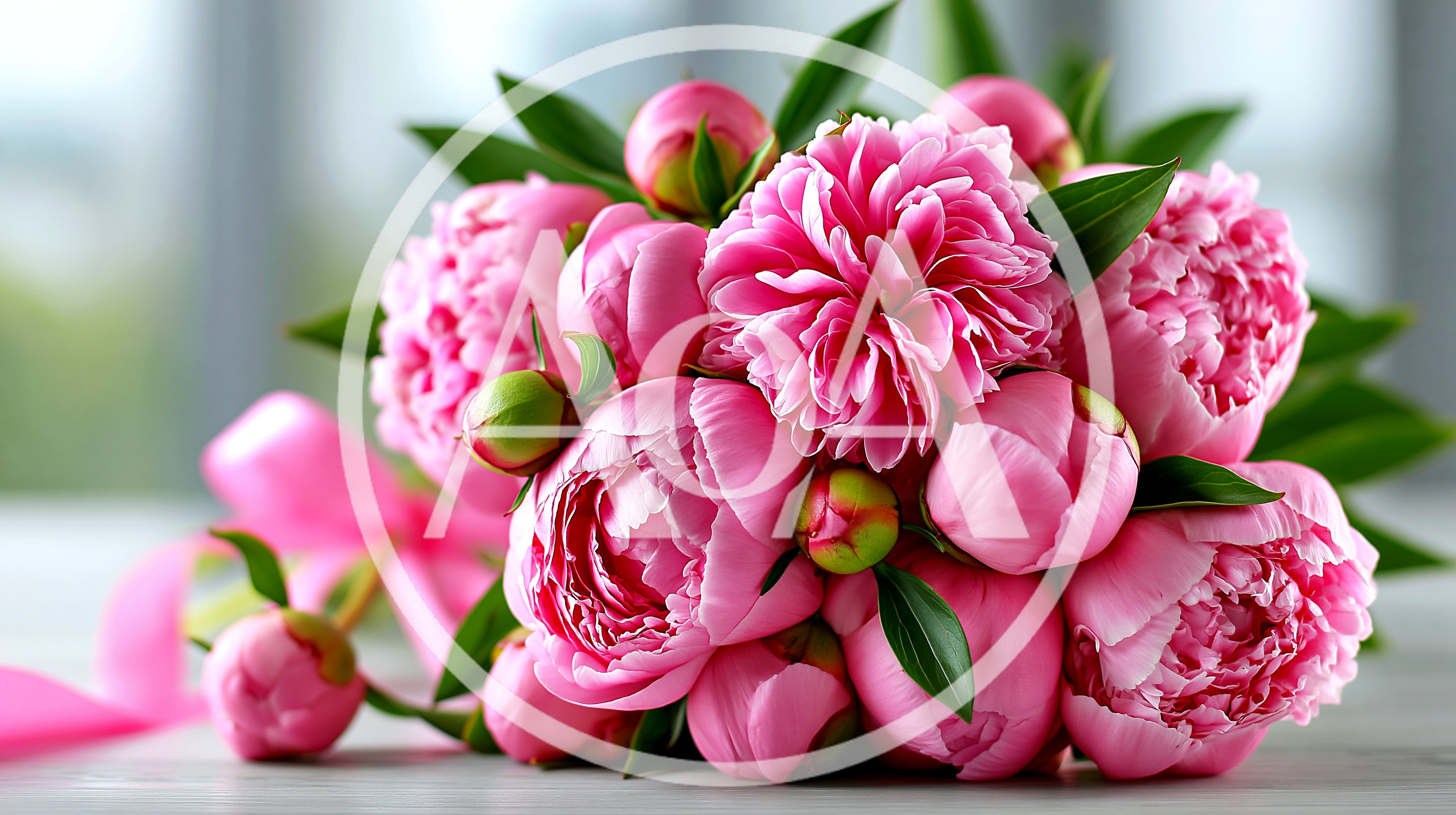 Beautiful Bouquet Of Pink Peonies With Ribbon