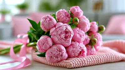 Bouquet Of Pink Peonies On A Knitted Blanket