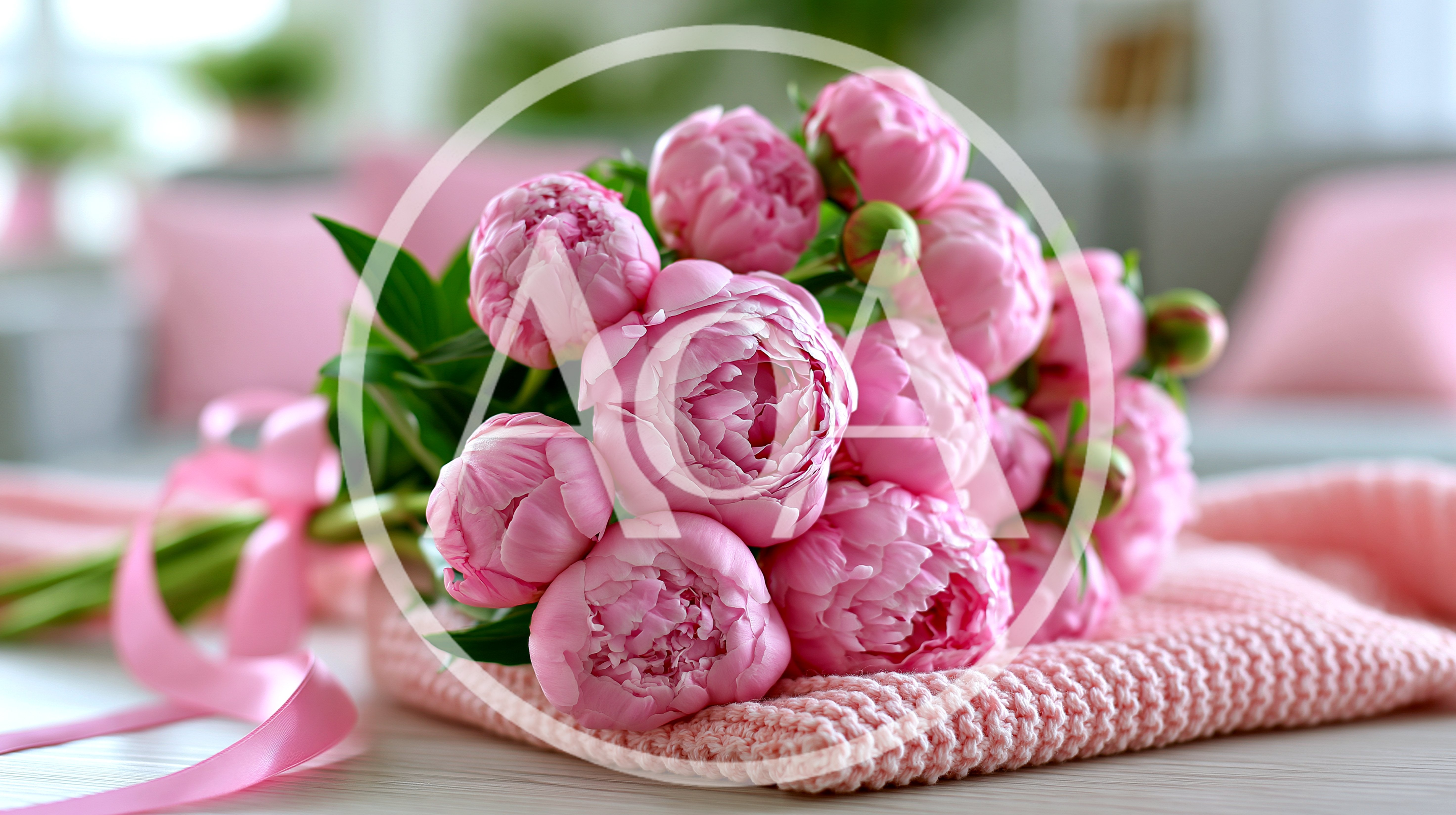 Bouquet Of Pink Peonies On A Knitted Blanket