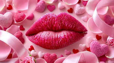 Pink Lips Surrounded By Hearts And Ribbons