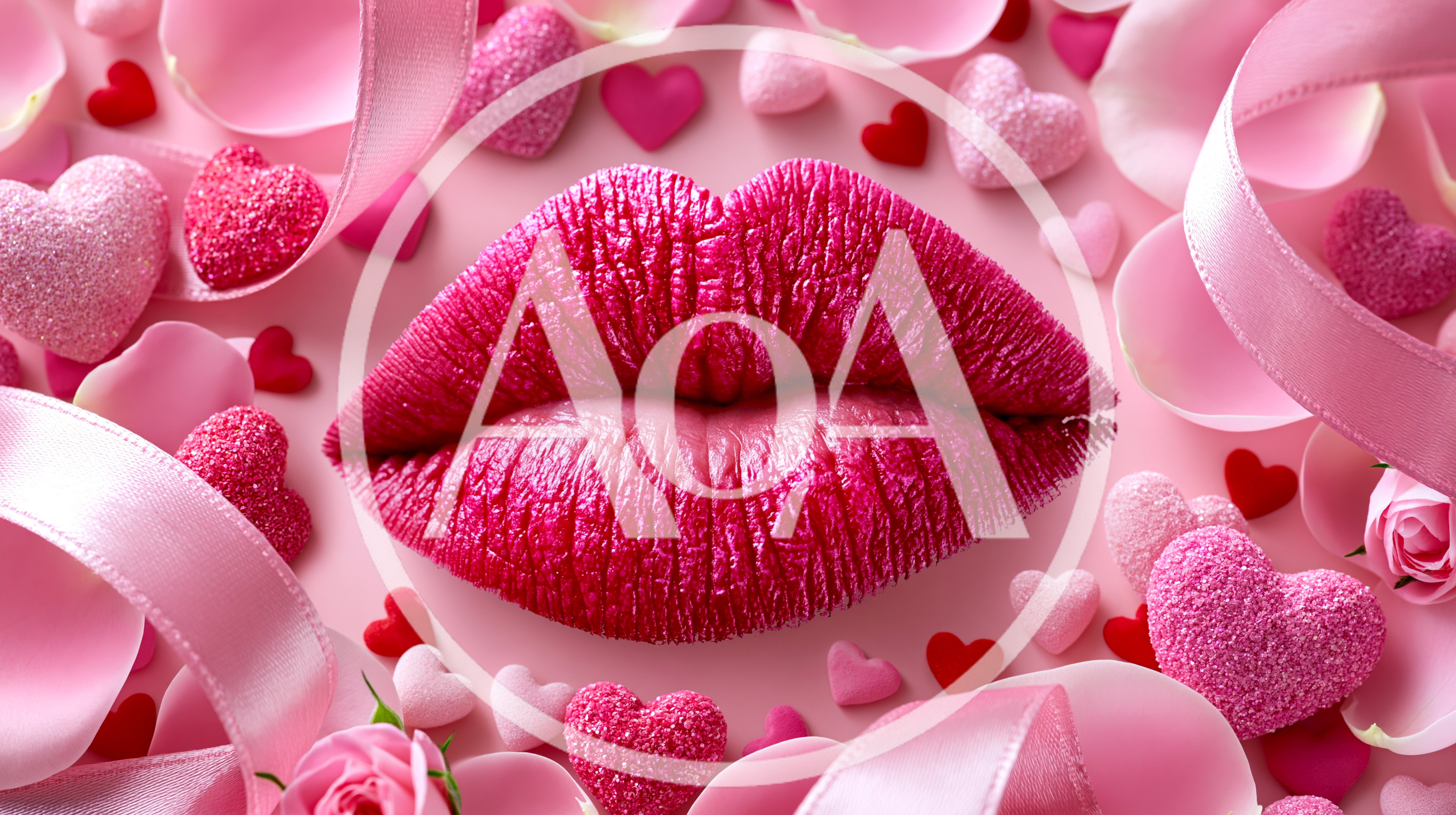 Pink Lips Surrounded By Hearts And Ribbons