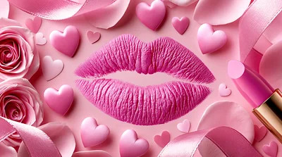 Pink Lips With Roses And Hearts Background