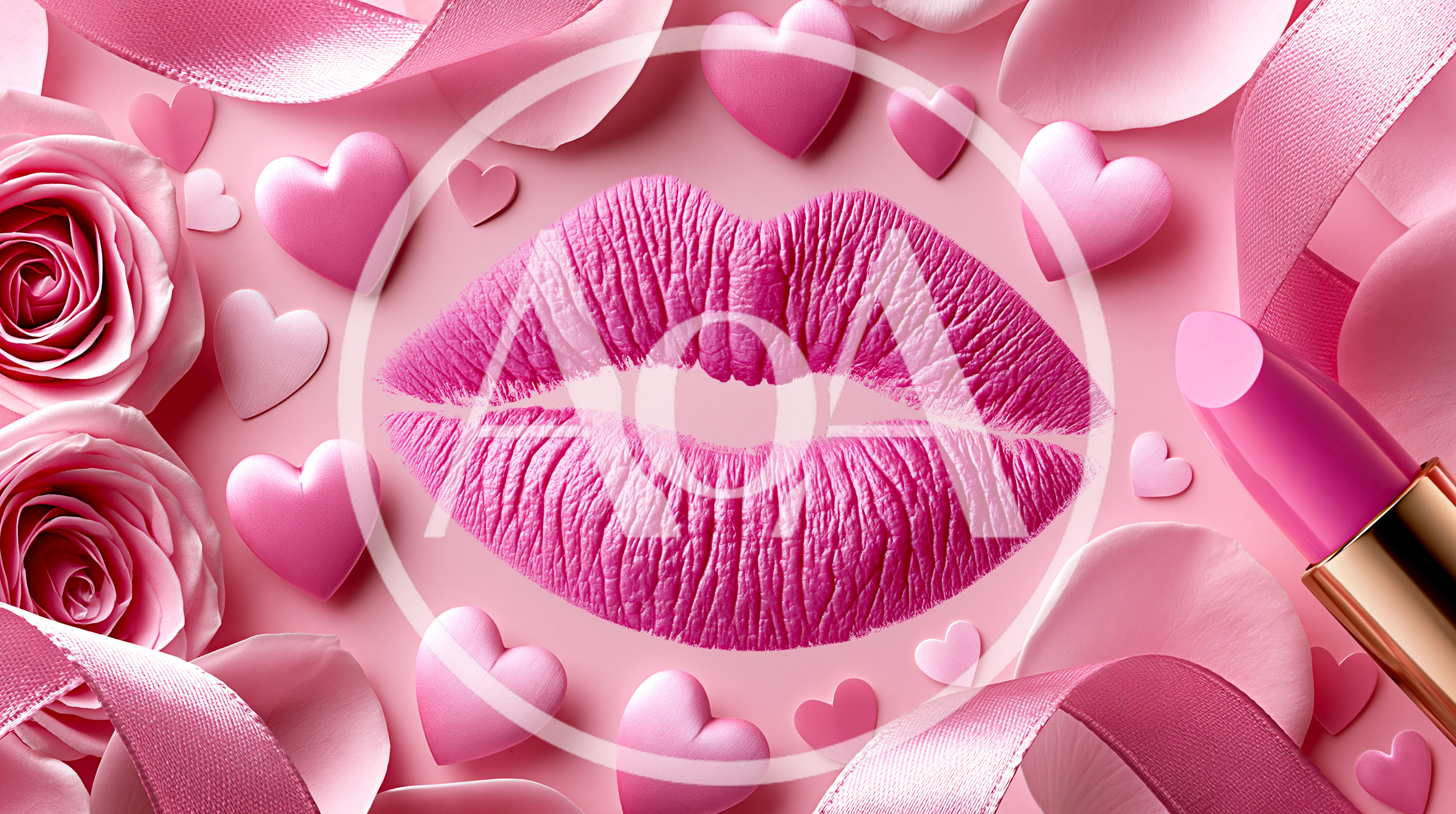 Pink Lips With Roses And Hearts Background