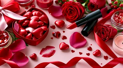 Romantic Valentine Day Flat Lay With Hearts And Roses