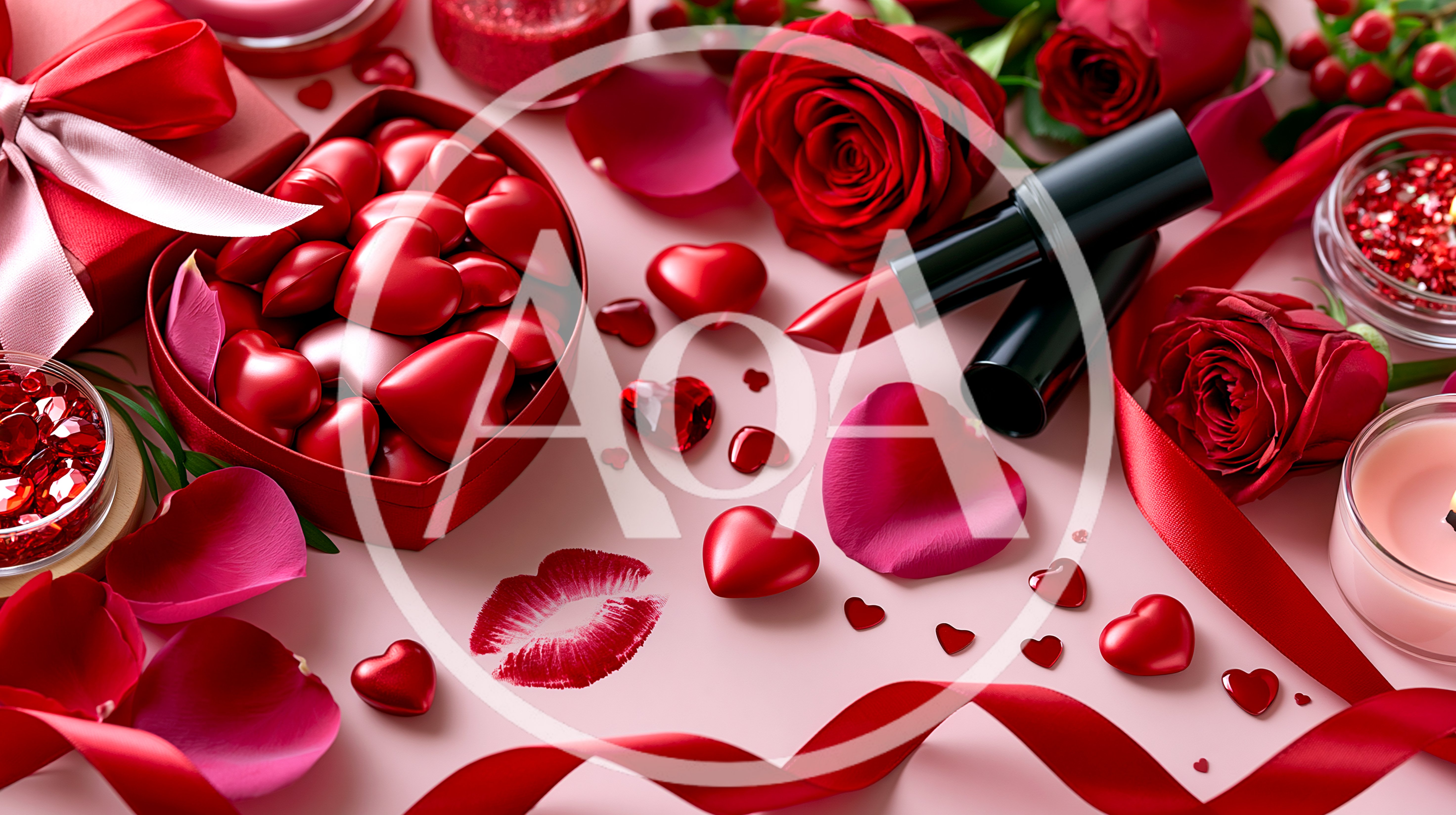 Romantic Valentine Day Flat Lay With Hearts And Roses