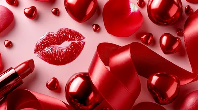 Valentine Day Composition With Lipstick Kiss And Hearts