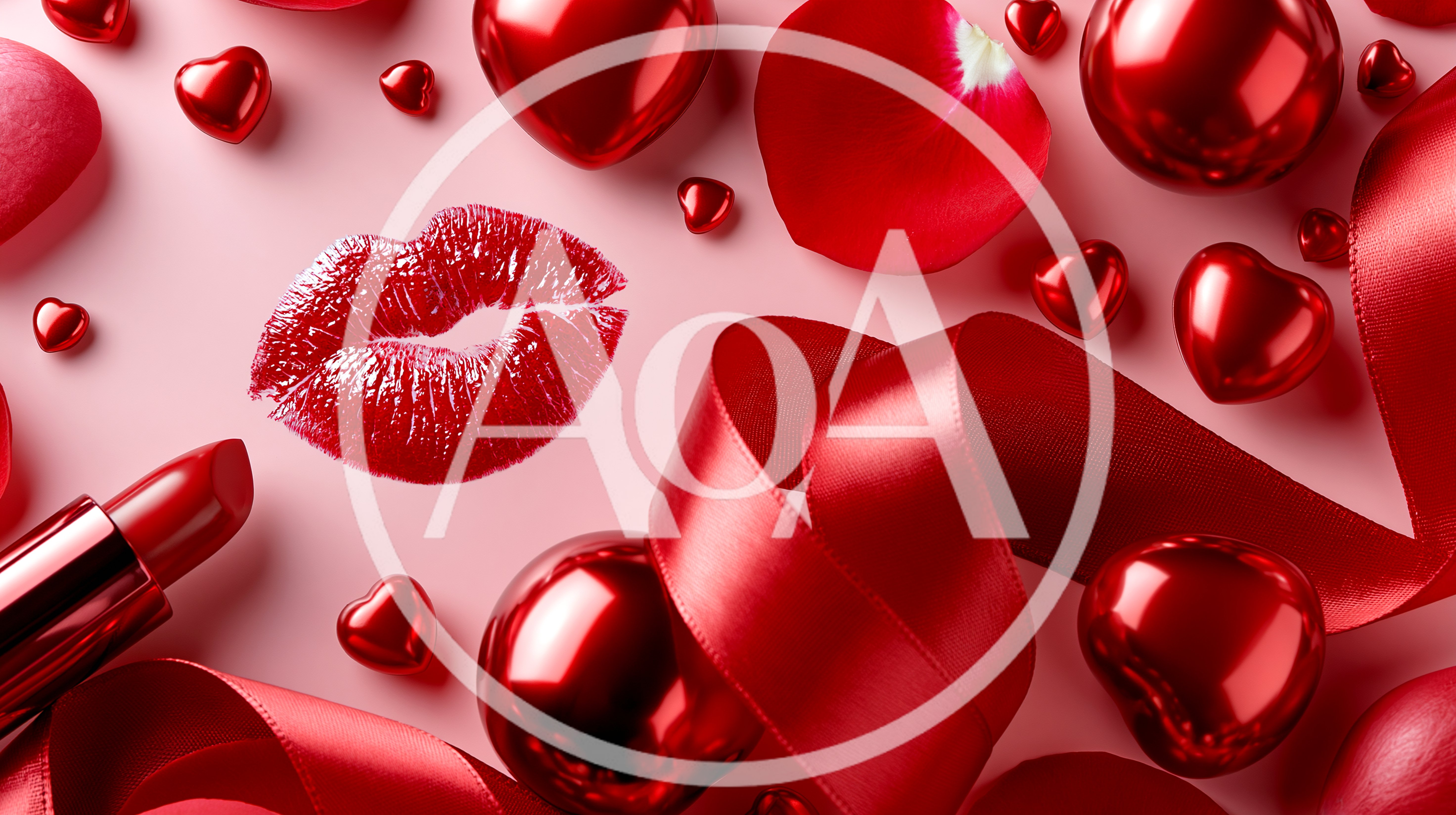Valentine Day Composition With Lipstick Kiss And Hearts