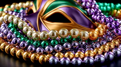 Mardi Gras Mask With Colorful Beaded Necklaces