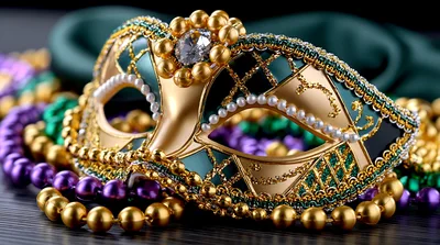 Golden Mardi Gras Mask With Colorful Beads
