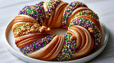 Traditional Mardi Gras King Cake On White Plate