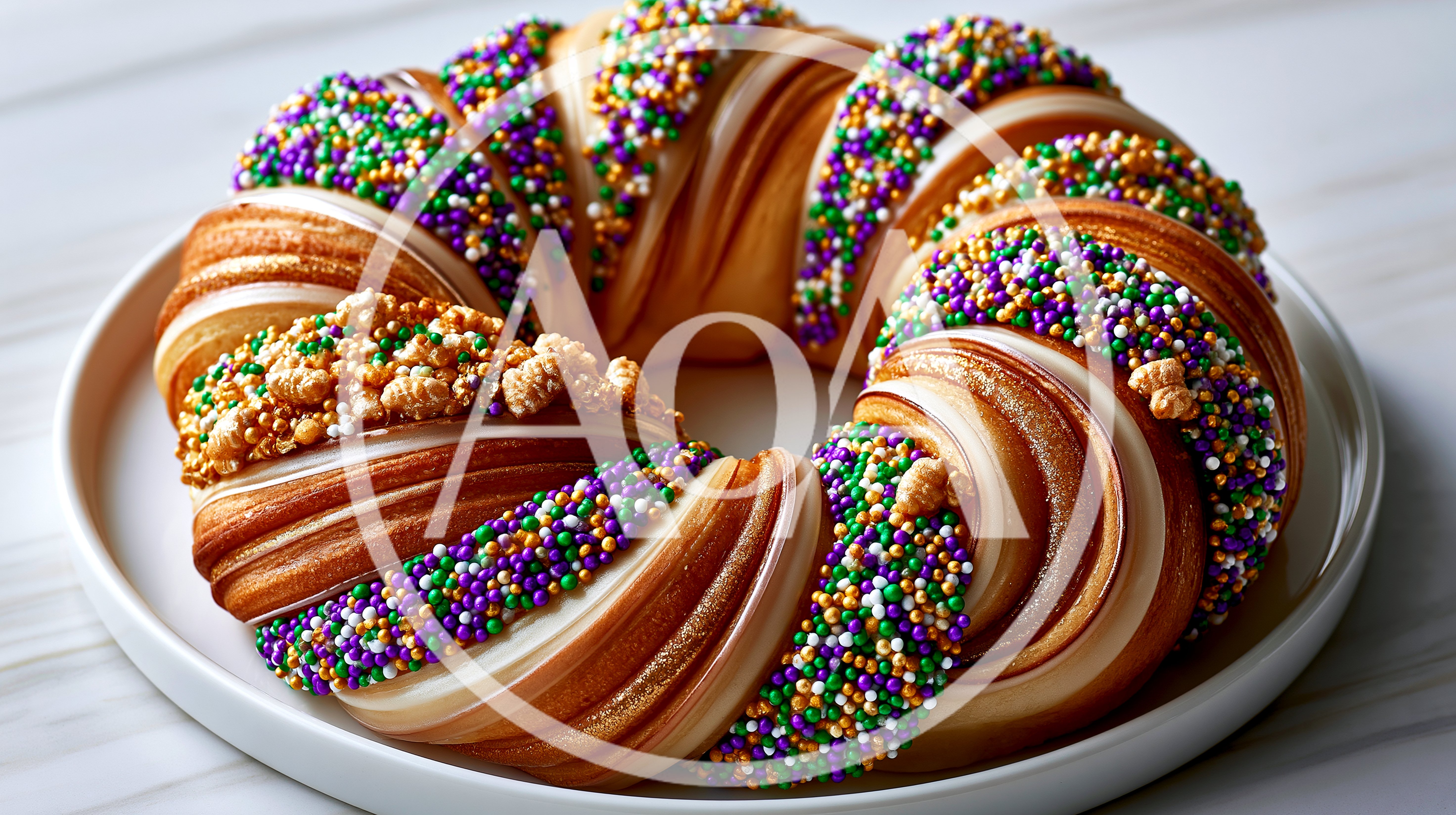 Traditional Mardi Gras King Cake On White Plate