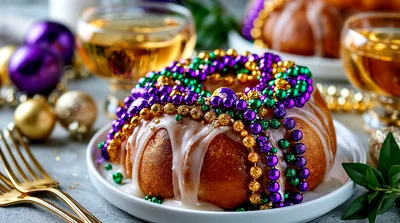 Mardi Gras King Cake With Beads And Champagne