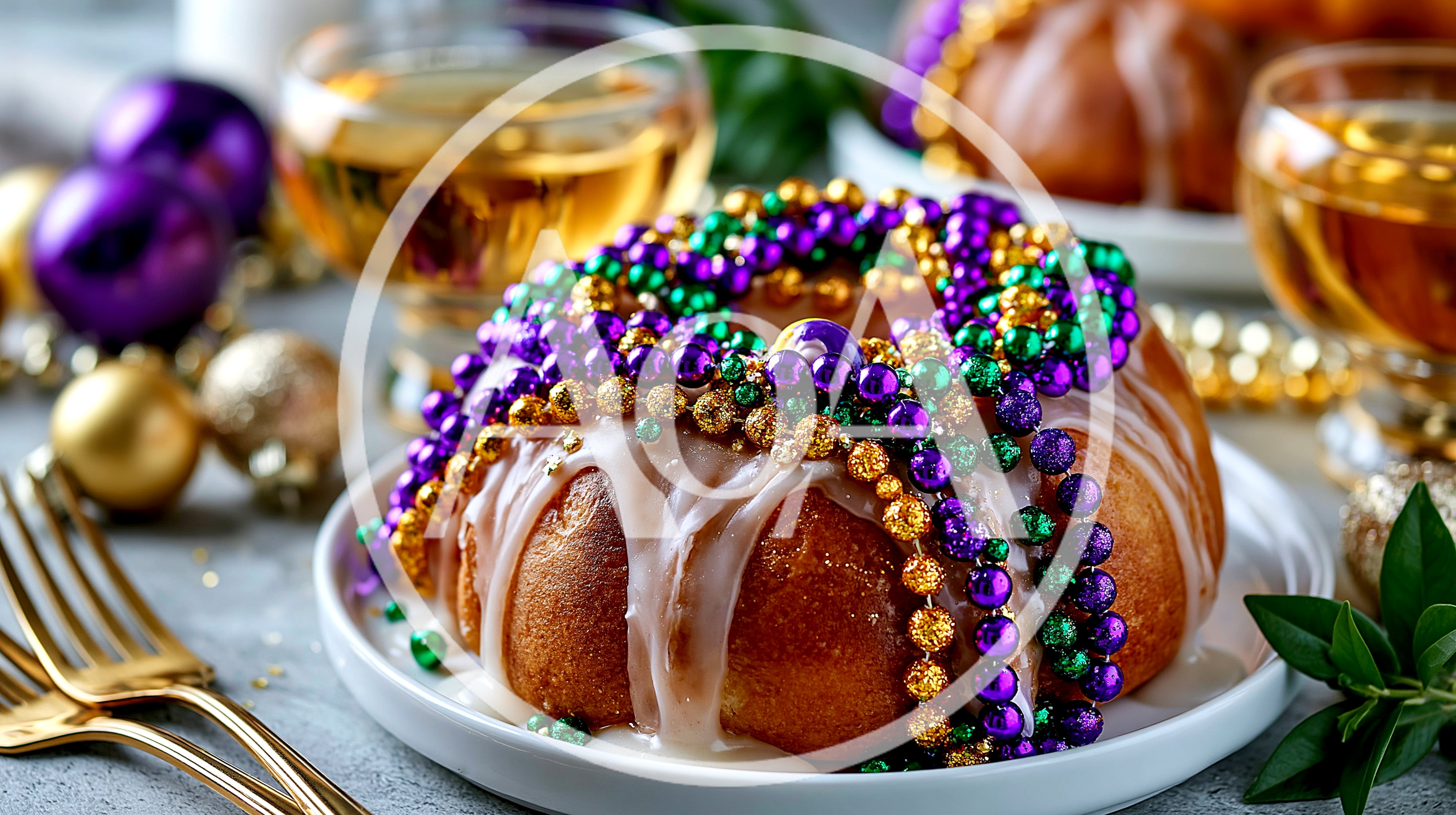 Mardi Gras King Cake With Beads And Champagne