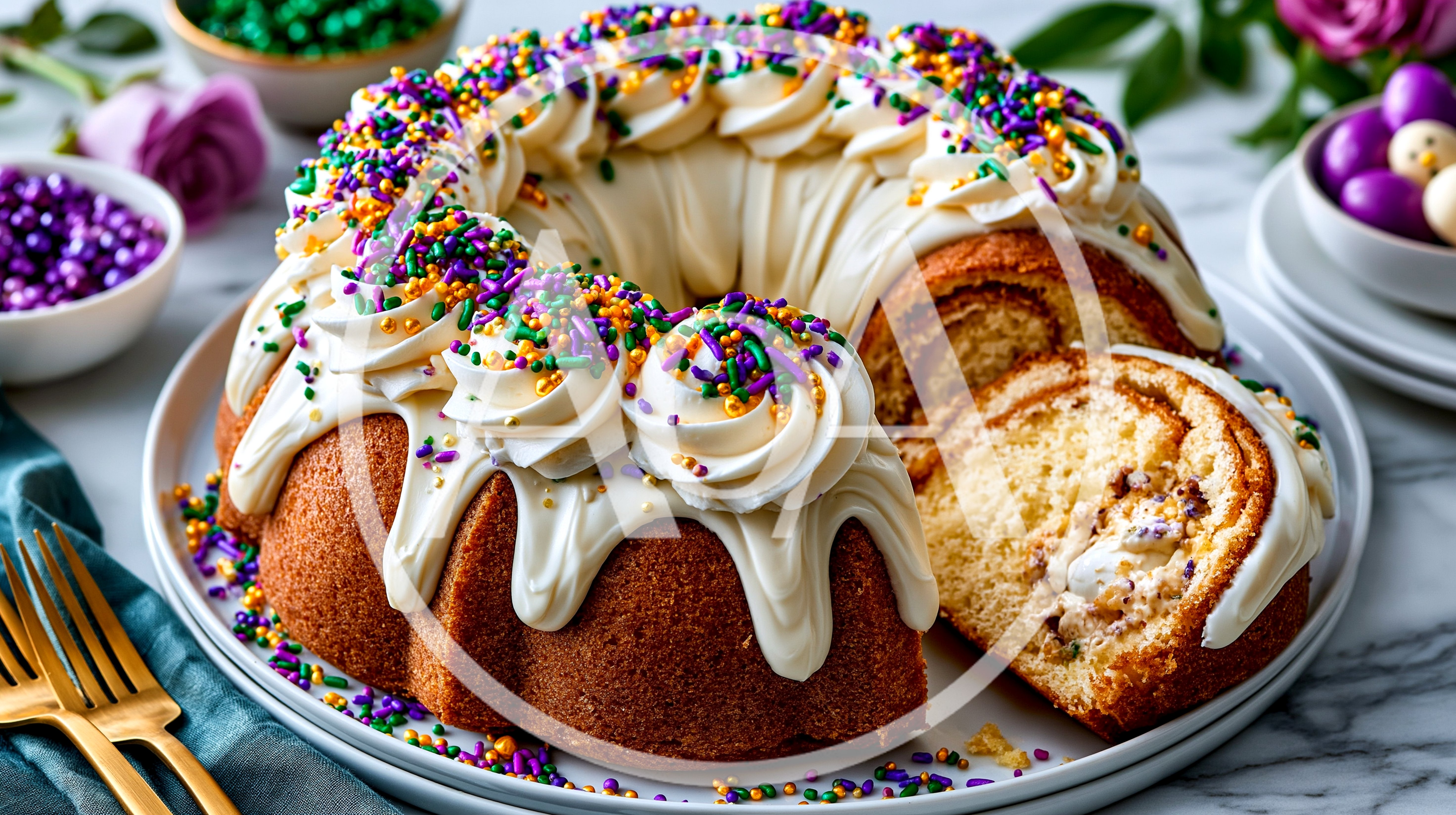Mardi Gras King Cake Bundt With Cream Cheese Frosting