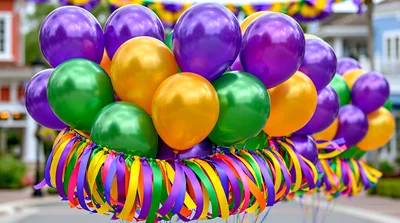 Mardi Gras Balloon Bouquet With Colorful Ribbons