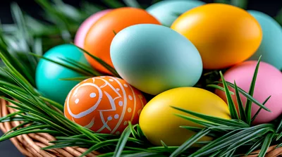 Colorful Easter Eggs In A Woven Basket