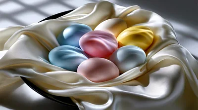 Pastel Colored Easter Eggs Resting On Silk Fabric