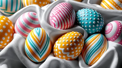 Colorful Decorated Easter Eggs On White Fabric