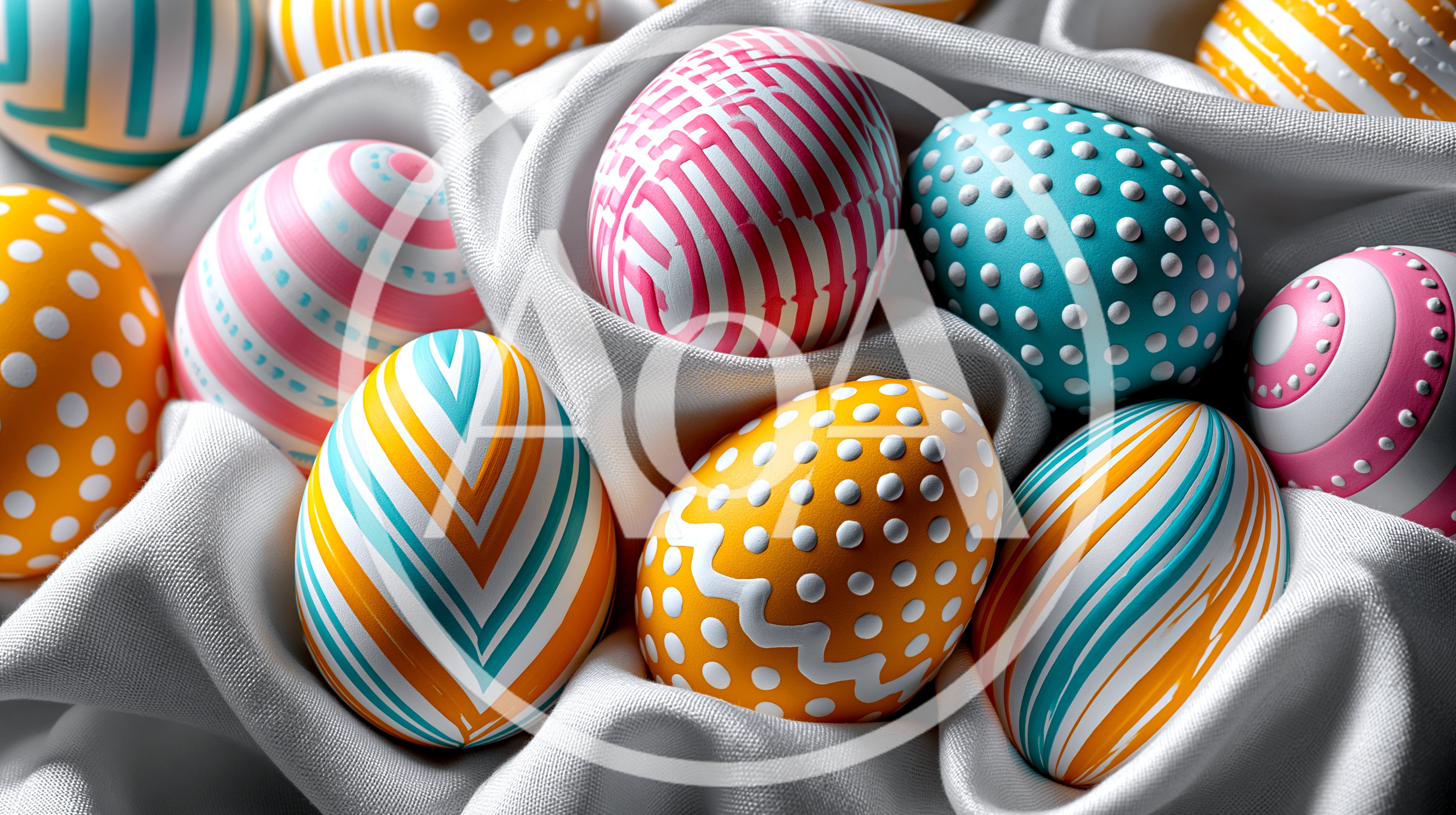 Colorful Decorated Easter Eggs On White Fabric