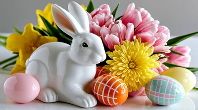 Ceramic Easter Bunny With Colorful Eggs And Spring Flowers