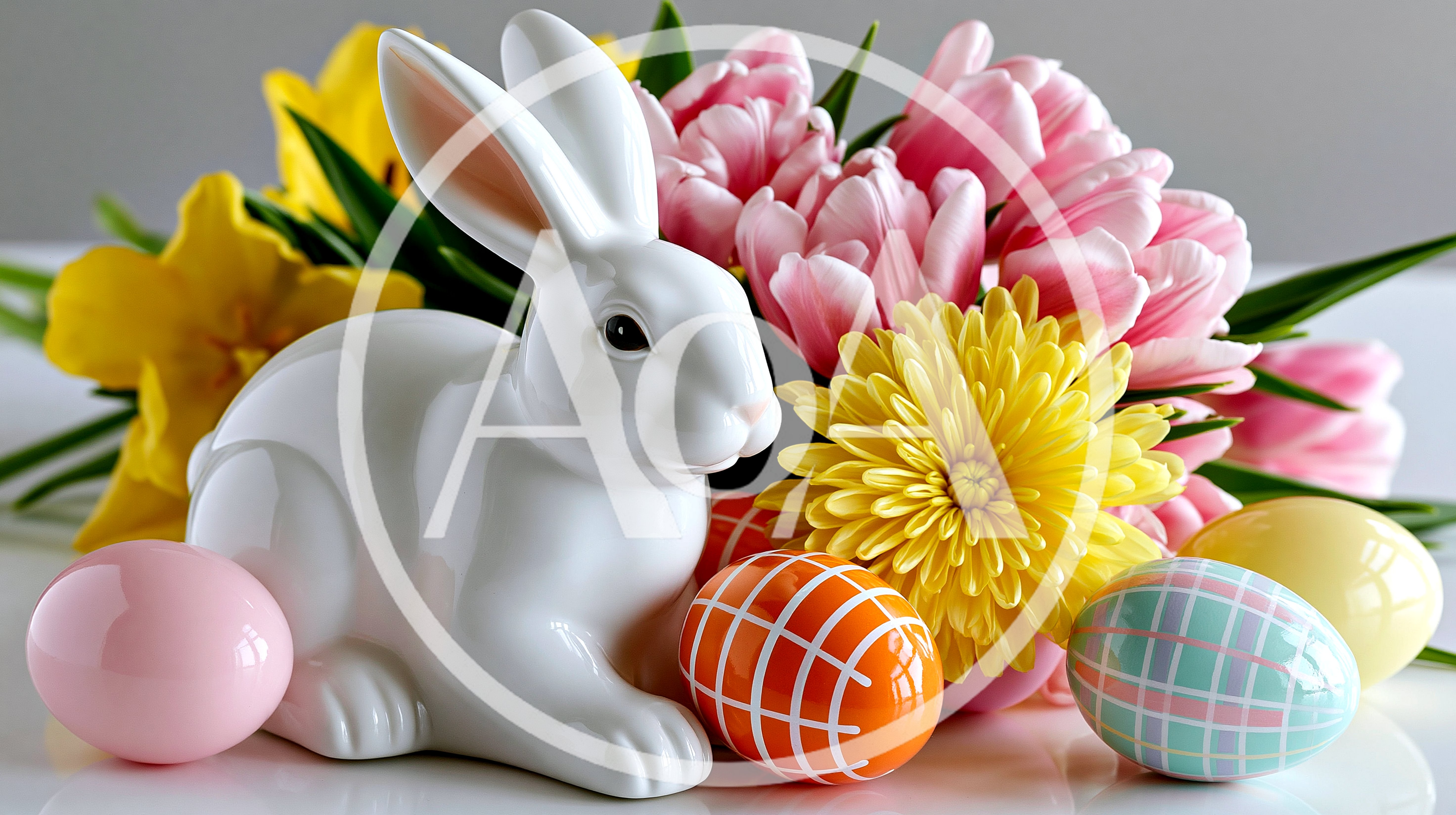 Ceramic Easter Bunny With Colorful Eggs And Spring Flowers
