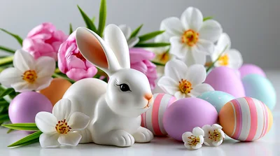 White Easter Bunny Figurine With Pastel Eggs And Flowers