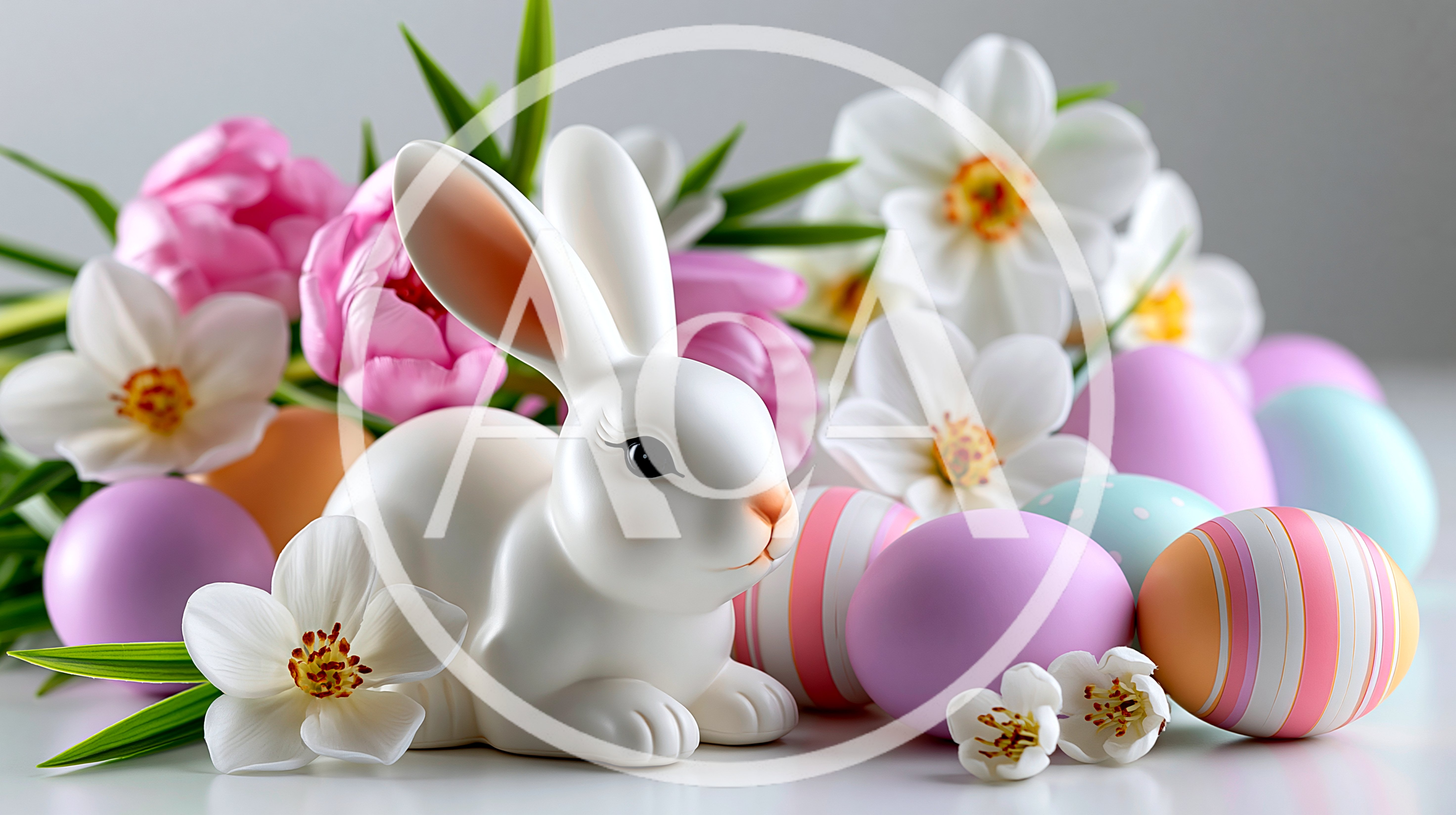 White Easter Bunny Figurine With Pastel Eggs And Flowers