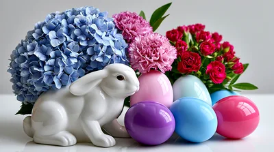 Easter Bunny Figurine With Colorful Eggs And Flowers