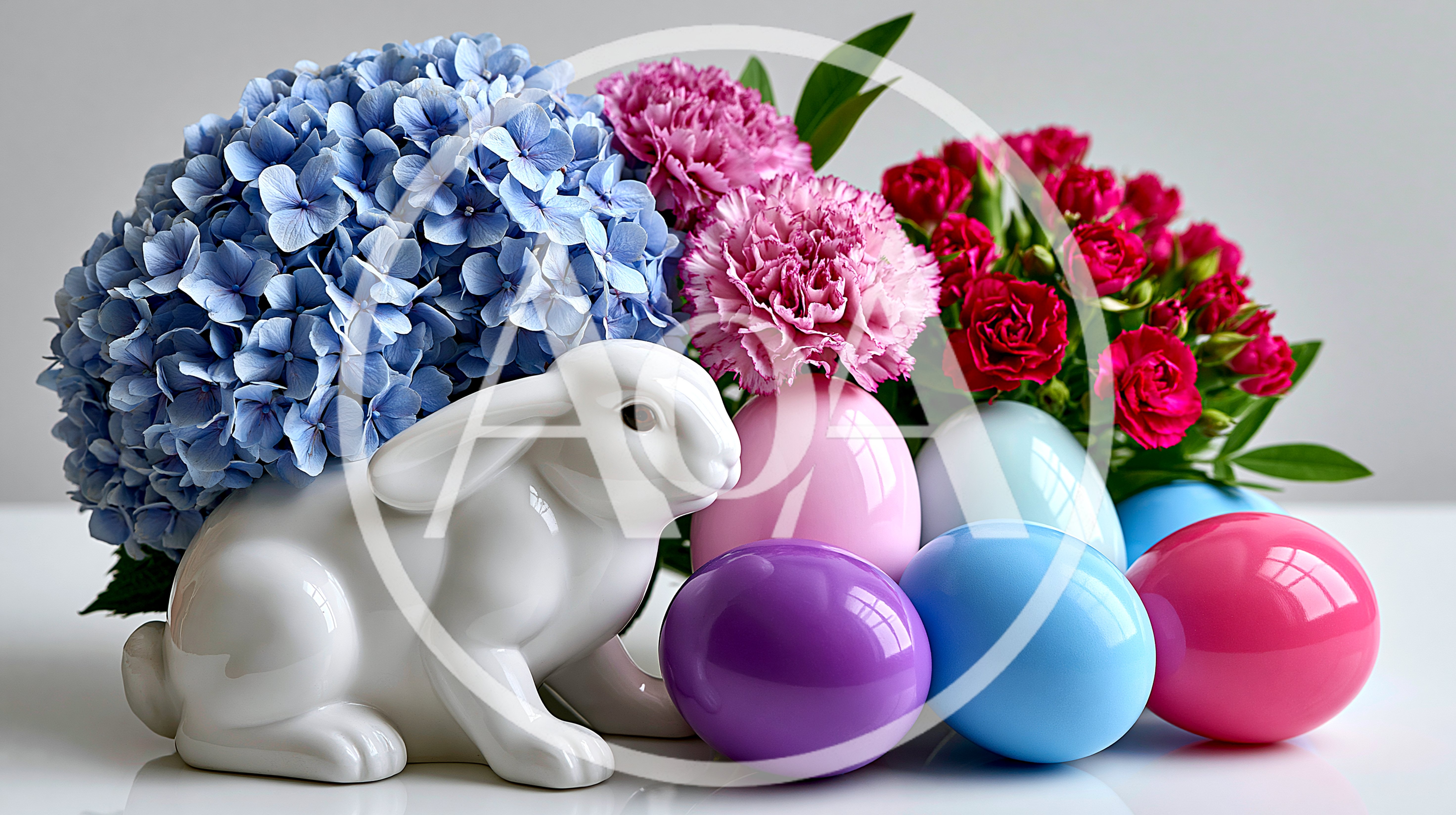 Easter Bunny Figurine With Colorful Eggs And Flowers