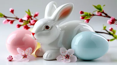 Ceramic Easter Bunny Figurine With Pastel Eggs And Blossoms