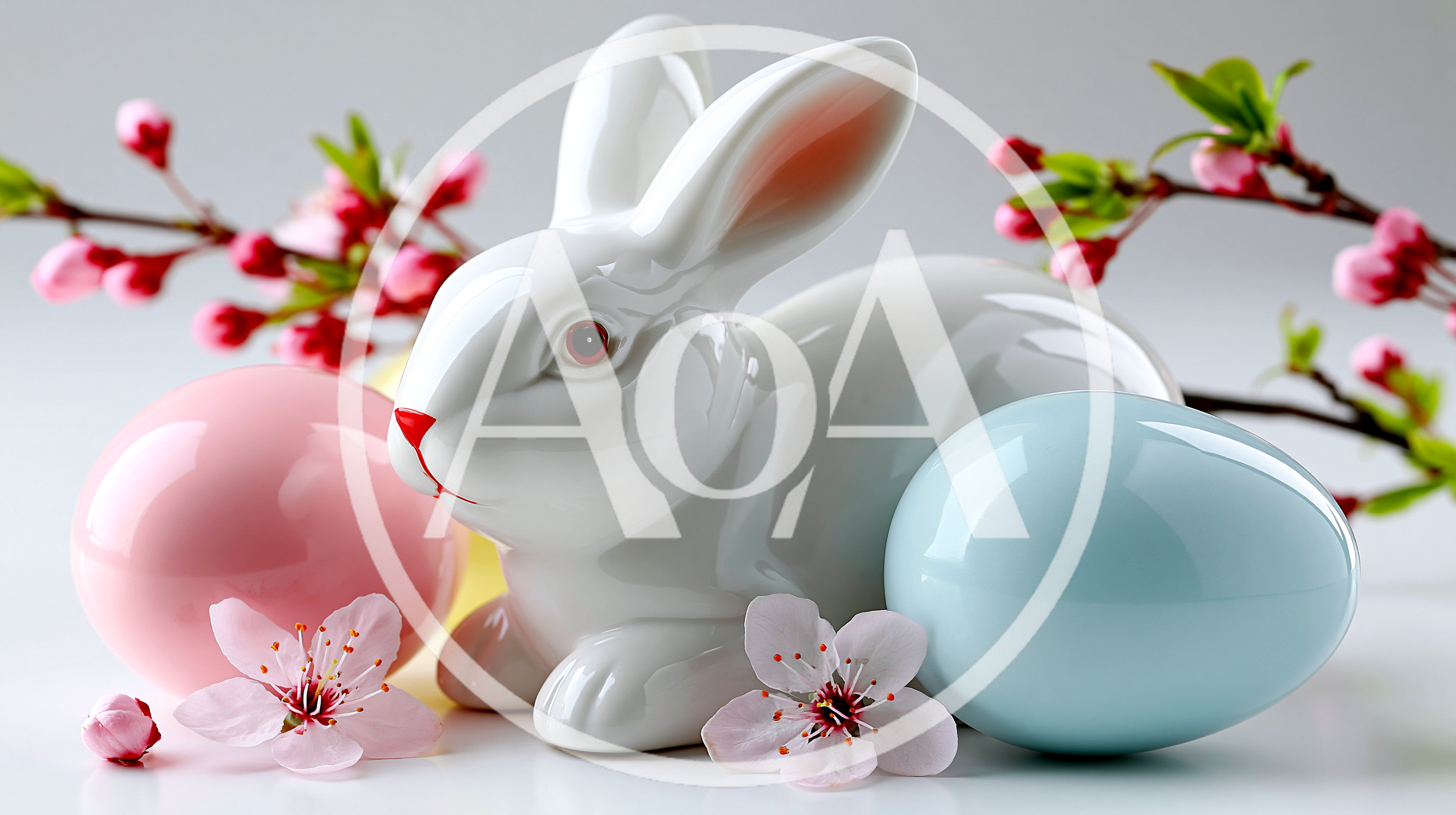 Ceramic Easter Bunny Figurine With Pastel Eggs And Blossoms