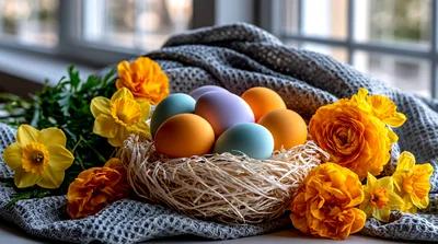 Easter Eggs In A Nest With Yellow Flowers