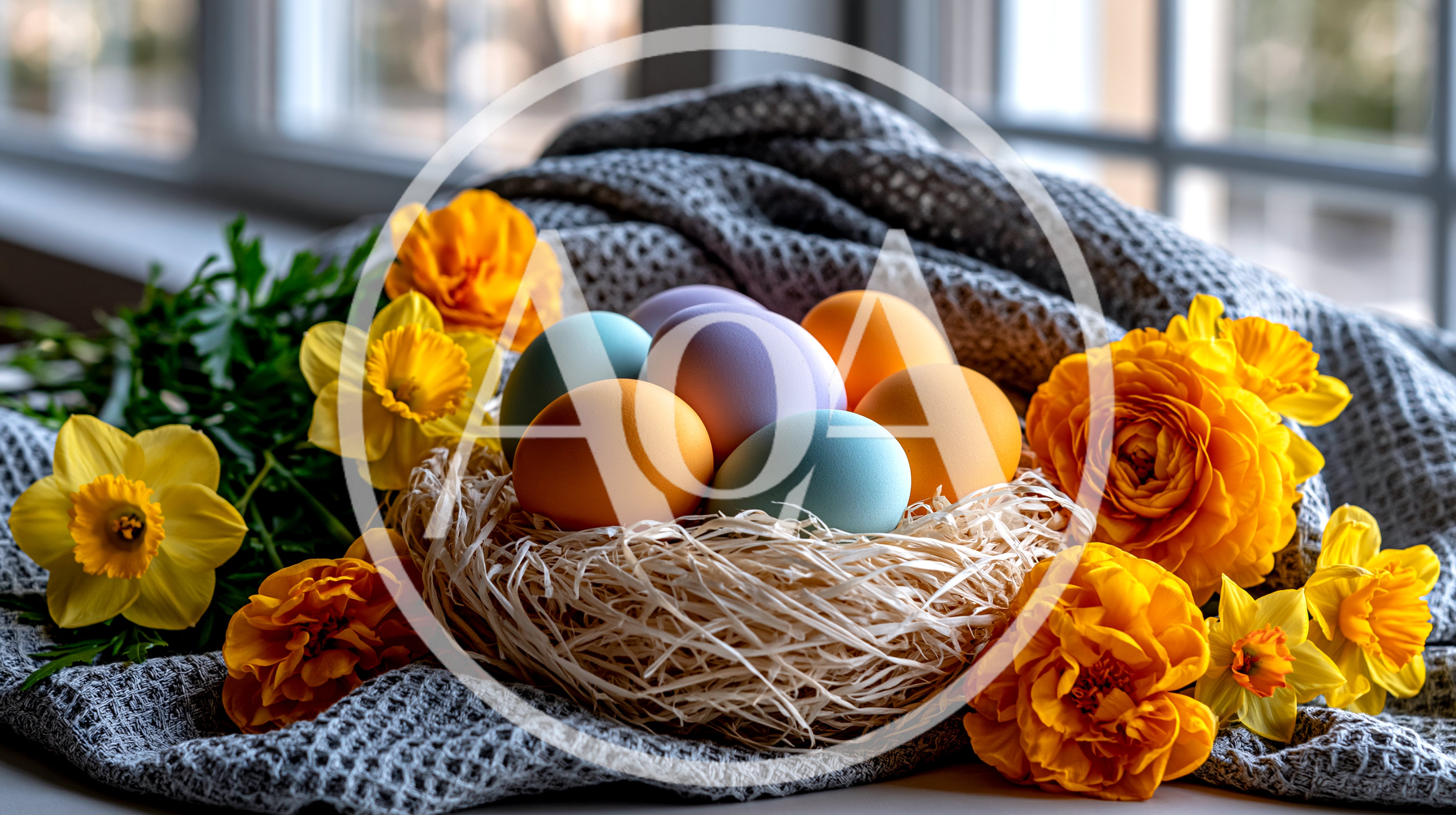 Easter Eggs In A Nest With Yellow Flowers
