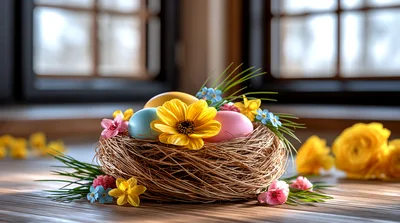 Easter Eggs In A Decorative Nest With Spring Flowers