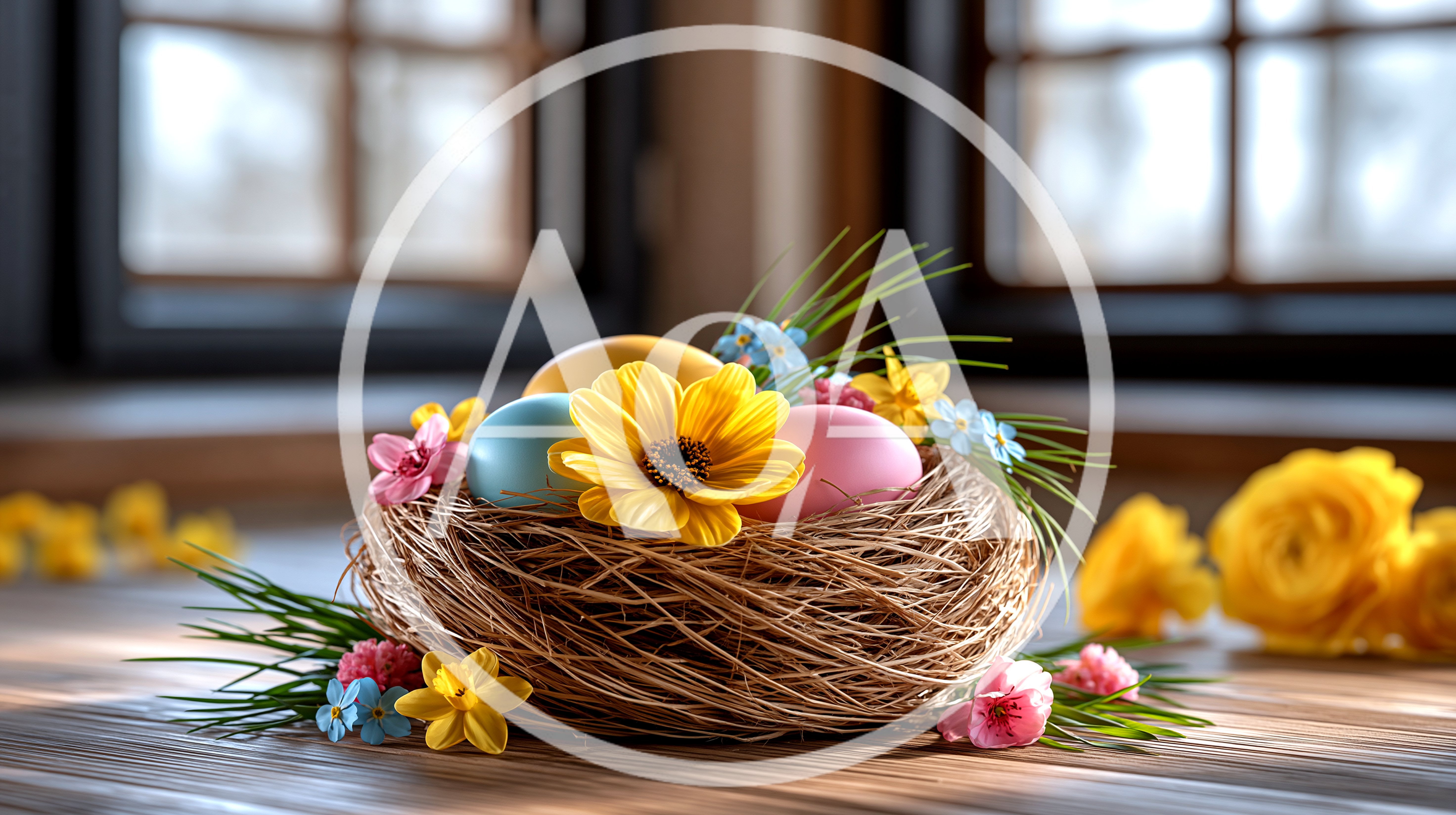 Easter Eggs In A Decorative Nest With Spring Flowers