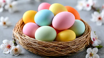 Pastel Easter Eggs In A Woven Nest