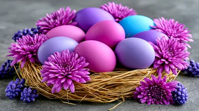 Easter Eggs In A Straw Nest With Purple Flowers