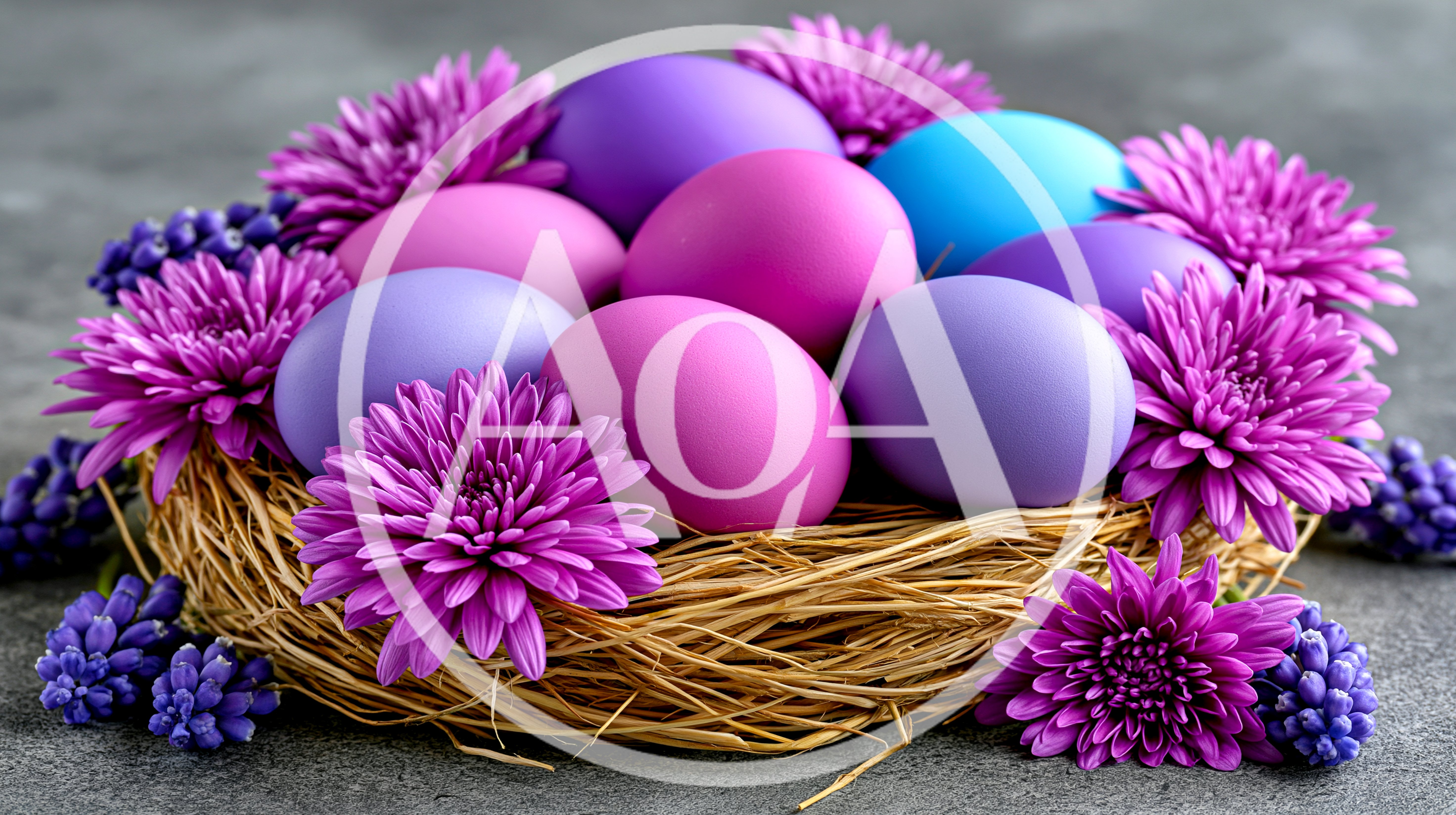 Easter Eggs In A Straw Nest With Purple Flowers