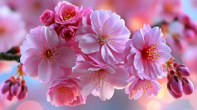 Pink Cherry Blossom Flowers In Full Bloom