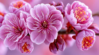 Close Up Of Vibrant Pink Cherry Blossom Flowers